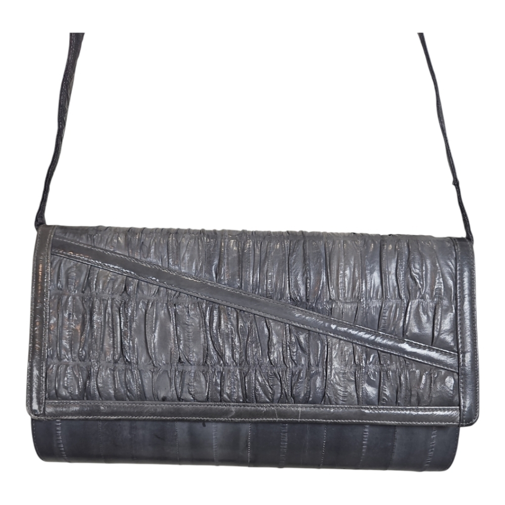 Vintage Gray Eel Skin Leather Clutch Or Shoulder Bag Purse W/ Matching Wallet - Picture 3 of 11